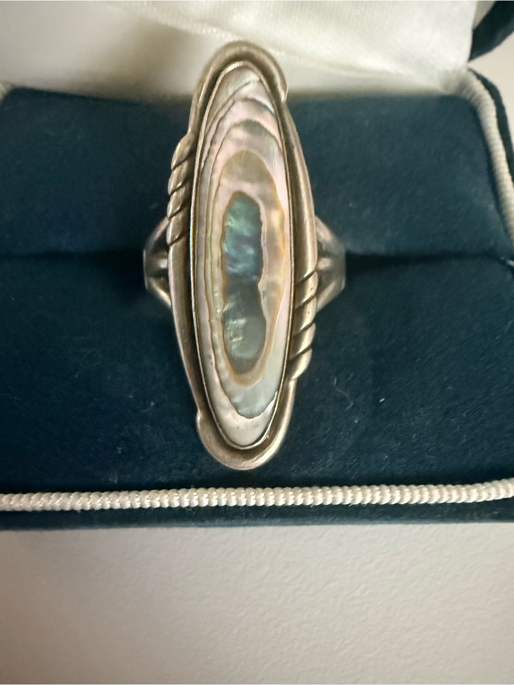 Vintage Southwest Sterling Silver Abalone Marquise Ring in Iridescent Green-Blue